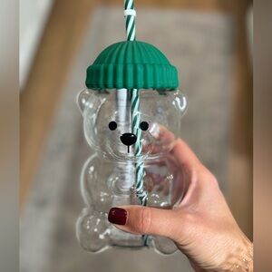 Clear Glass Bear Cup with Green Lid and Straw